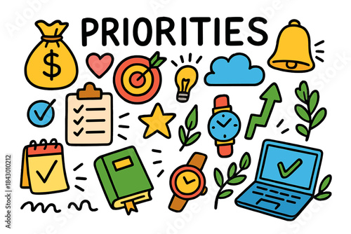 Priorities flat icon set. featuring money bag, target, checklist, alarm, calendar, book, lightbulb, cloud, star, watch, graph, laptop