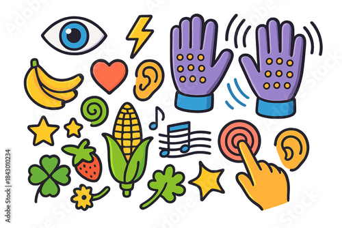 Sensory perception flat icon set. featuring eye, gloves, banana, heart, ear, corn, music note, and touch symbols