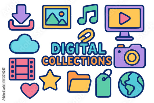 Digital collection flat icons set. featuring download, image, music, video, cloud, camera, film, heart, star, folder, tag, globe symbols