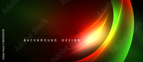 Abstract vibrant waves, dark background. Smooth gradients blend green, red, yellow hues. Modern design element for presentations.