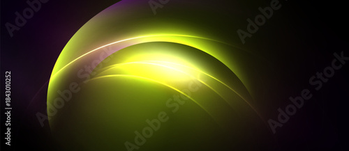 Abstract luminous curves, vibrant yellow glows against dark purple backdrop. Smooth gradients create dynamic visual effect.