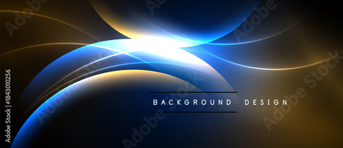Abstract design features flowing blue, gold lines radiating from bright center. Dark background enhances luminous effect. Simple text reads background design.