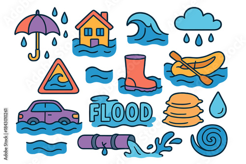 Natural disaster flat icon set. featuring flood, umbrella, house, wave, cloud, boot, raft, car, warning symbols