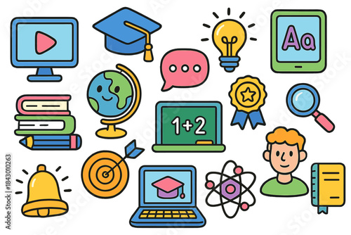 Education flat icon set. featuring play button, graduation cap, globe, speech bubble, and lightbulb symbols