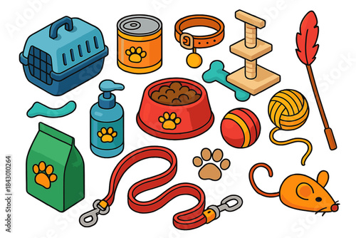 Pet care flat icon set. featuring carrier, food can, collar, scratching post, and toy mouse symbols