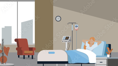 Patient Resting in Hospital Bed with Medical Equipment and Window View