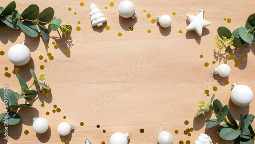 Minimal Christmas flat lay with white ornaments, eucalyptus branches and gold confetti on light wooden background with clean copy space