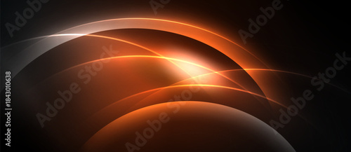 Abstract design features curved lines, vibrant orange glow, dark background. Dynamic composition creates energy, visual impact.
