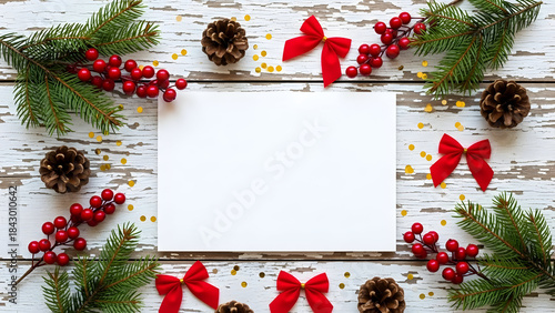 Christmas flat lay with fir branches, red bows, berries and pinecones surrounding a blank white card on rustic wooden background with copy space