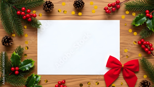 Christmas flat lay frame with blank white card, fir branches and red bow
