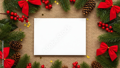 Rustic Christmas flat lay with fir branches, red bows, berries and pinecones surrounding a blank white card on burlap background with copy space