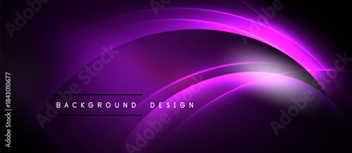 Purple abstract background. Smooth curves create dynamic light effect. Text reads background design. Dark shades dominate composition.