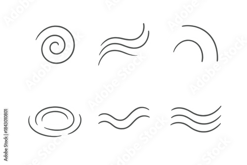 Invisible Motion Icons. Line style icons of Invisible Motion: subtle swirl, curved flow, transparent arc, glowing ripple, bending