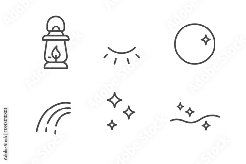 Gentle Radiance Icons. Line style icons of Gentle Radiance: dim lantern, fading glow, translucent orb, curved beam, tender shimmer