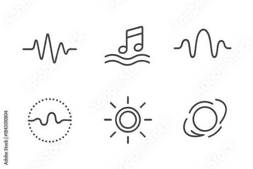 Whispered Audio Icons. Line style icons of Whispered Audio: faint frequency, floating chord, dim pulse, curved rhythm, luminous