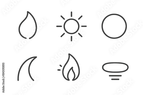 Quiet Glow Icons. Line style icons of Quiet Glow: muted flame, soft shine, pale halo, luminous curve, gentle flicker, fading