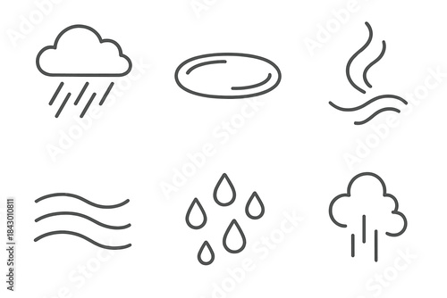 Mist Memory Icons. Line style icons of Mist Memory: hazy rain line, glowing puddle edge, faint aroma wave, curved mist path, soft