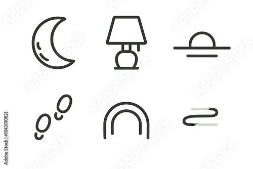Nocturnal Calm Icons. Line style icons of Nocturnal Calm: velvet moon, muted lamp, soft horizon, fading trace, glowing arc, gentle