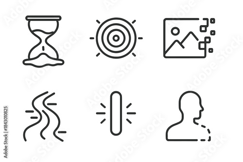 Temporal Flow Icons. Line style icons of Temporal Flow: melting hourglass, radiant ripple, dissolving image, curved stream,