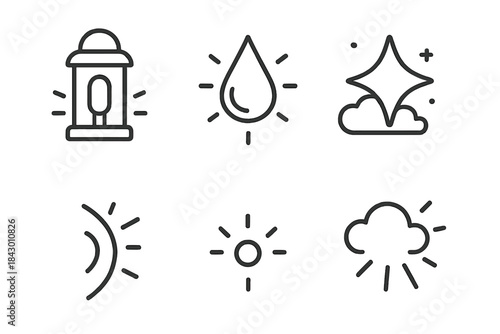 Wandering Light Icons. Line style icons of Wandering Light: dim beacon, glowing droplet, misty spark, curved shimmer, distant glow