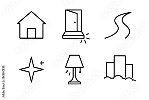 Soft Return Icons. Line style icons of Soft Return: house outline, glowing doorstep, curved road, faint star, gentle lamp, misty