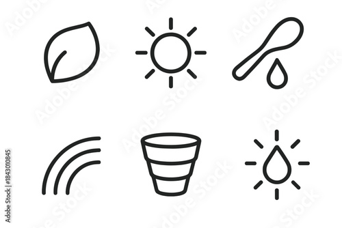 Synthetic Ceremony Icons. Line style icons of Synthetic Ceremony: plastic petal, glowing ring, dripping spoon, curved light beam,