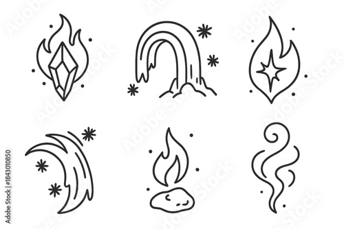Crystal Flame Icons. Line style icons of Crystal Flame: glowing shard, frozen arc, radiant cinder, curved frost beam, pale ember,