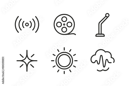 Nostalgic Frequencies Icons. Line style icons of Nostalgic Frequencies: radio wave, luminous reel, bent antenna, glowing tone ring