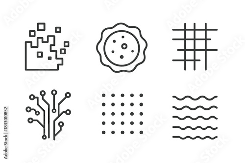 Technological Decay Icons. Line style icons of Technological Decay: pixel fragment, glowing noise, broken grid, scattered circuit,