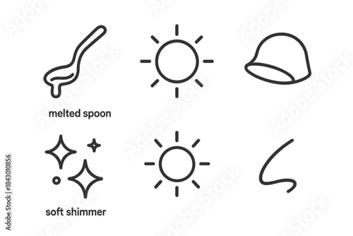 Ritual Object Icons. Line style icons of Ritual Objects: melted spoon, glowing disc, curved cap, soft shimmer, radiant ring,
