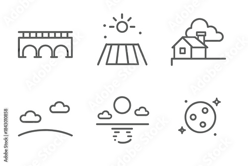 Urban Stillness Icons. Line style icons of Urban Stillness: dim bridge, glowing crosswalk, quiet rooftop, curved horizon, soft