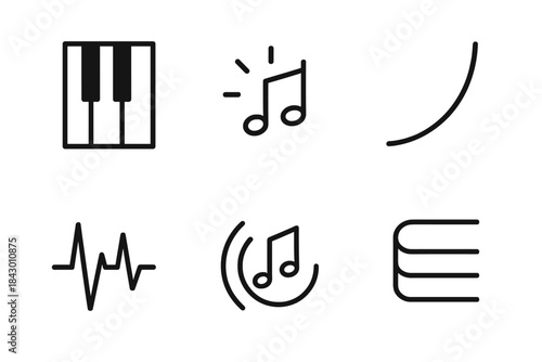 Nocturnal Harmony Icons. Line style icons of Nocturnal Harmony: shadowed piano key, glowing rhythm, curved string, fading pulse,
