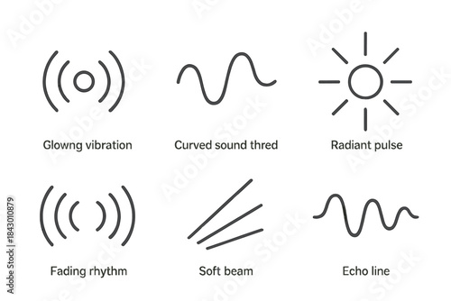 Harmonic Darkness Icons. Line style icons of Harmonic Darkness: glowing vibration, curved sound thread, radiant pulse, fading