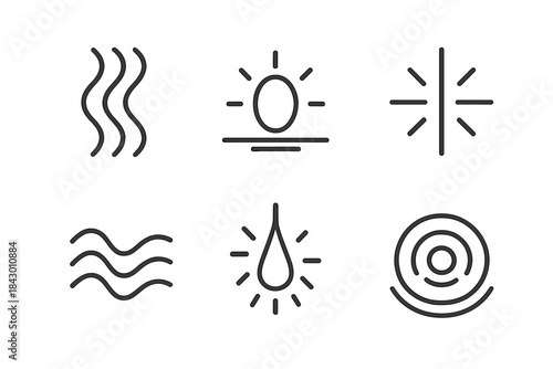 Electric Depths Icons. Line style icons of Electric Depths: curved wire pattern, glowing reflection, radiant strand, flowing