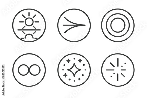 Radiant Reflection Icons. Line style vector icons of Radiant Reflection: mirrored rays, curved lines, fading glow, twin circles,