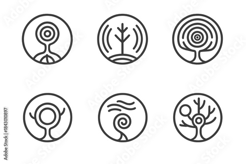 Echo Tree Icons. Line style vector icons of Echo Trees: circular trunks, spiral roots, sound ripples, layered rings, hollow