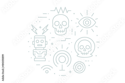 Techno Spirits Icons. Line style vector icons of Techno Spirits: glowing skulls, signal lines, electric totems, floating eyes,
