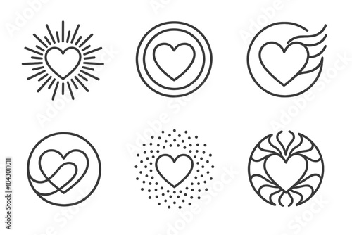 Heart Geometry Radiance. Line style vector icons of Heart Geometry: radiant lines, layered circles, flowing motion, curved