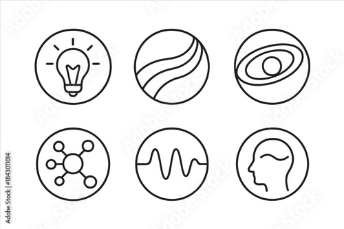 Abstract Idea Energy Icons. Line style vector icons of Idea Field: radiant energy, curved paths, flowing rings, luminous nodes,