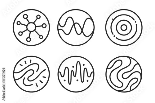 Thought Patterns Icons. Line style vector icons of Thought Patterns: neural nodes, curved paths, luminous rings, soft motion,