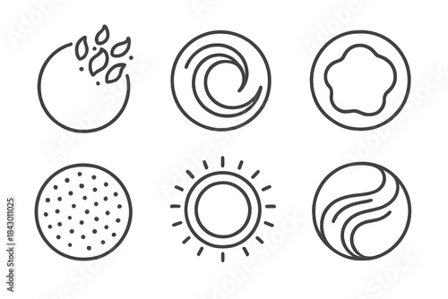 Ember Light Icons. Line style vector icons of Ember Light: circular sparks, curved motion, glowing haze, warm dust, radiant rings,
