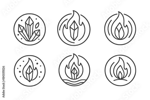Crystal Flame Icons. Line style vector icons of Crystal Flame: glowing shards, curved motion, radiant waves, translucent dust,