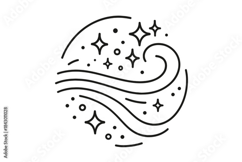 Shimmering Wind Icons. Line style vector icons of Shimmer Wind: curved rays, golden dust, radiant loops, luminous particles, airy