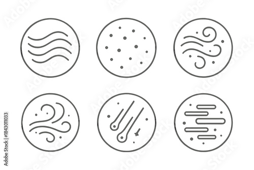 Mist Resonance Icons. Line style vector icons of Mist Resonance: curved waves, glowing particles, vapor dust, luminous trails,