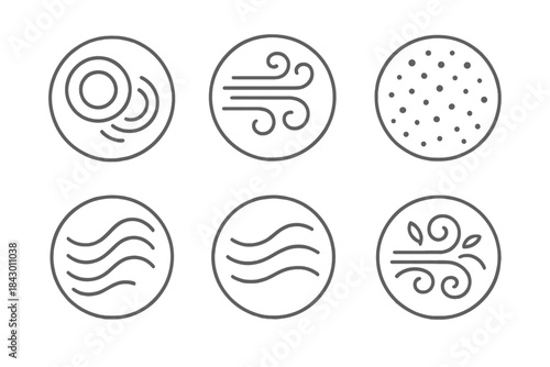 Perfumed Air Icons. Line style vector icons of Perfumed Air: misty rings, curved dust, luminous particles, radiant flow, soft