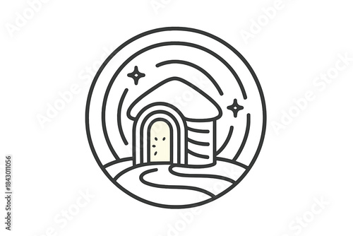 Luminous Shelter Icons. Line style vector icons of Luminous Shelter: radiant outlines, curved walls, glowing doors, layered light,