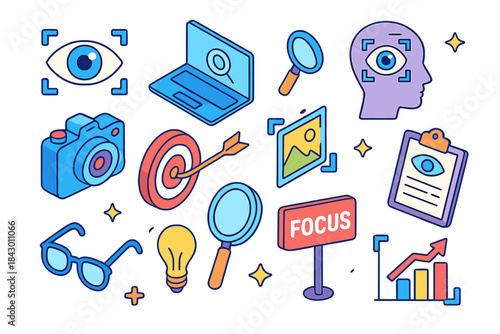 Focus and vision flat icon set. featuring eye, target, strategy, magnifying glass, growth, and creativity symbols