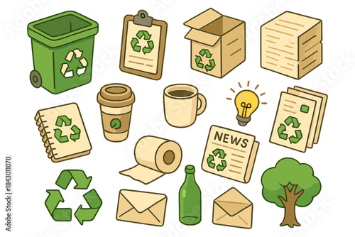 Recycling and eco-friendly flat icon set. featuring bin, box, paper, cup, bulb, notebook, tree, and envelope symbols