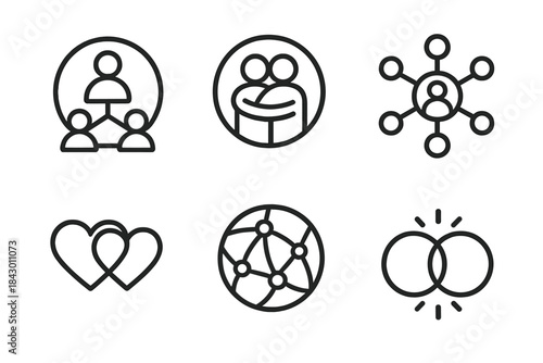Digital Kinship Icons. Line style round vector icons of Digital Kinship: connected profiles, wire embrace, social node, linked