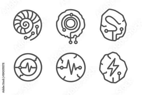 Archeo Circuit Icons. Line style round vector icons of Archeo Circuits: fossilized chip, relic coil, stone wire, time ring,
